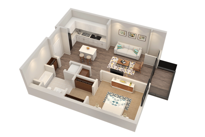 Floor plan for 1 bed, 1 bath, 676 sqft