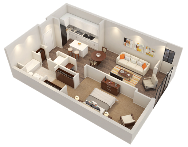 Floor plan for 1 bed, 1 bath, 765 sqft