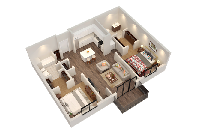 Floor plan for 2 beds, 2 baths, 1035 sqft