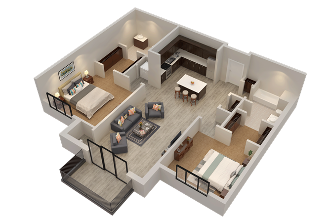 Floor plan for 2 beds, 2 baths, 1100 sqft