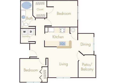 Floor plan for 2 beds, 1 bath, 975 sqft