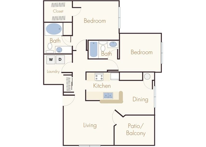 Floor plan for 2 beds, 2 baths, 1102 sqft