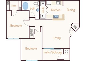 Floor plan for 2 beds, 1 bath, 984 sqft