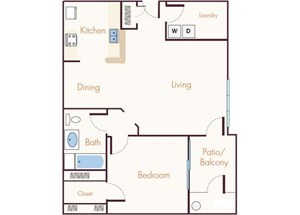 Floor plan for 1 bed, 1 bath, 802 sqft