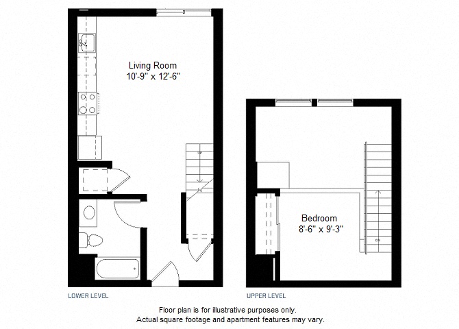 Floor plan for 1 bed, 1 bath, 611 sqft
