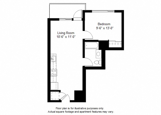 Floor plan for 1 bed, 1 bath, 647 sqft