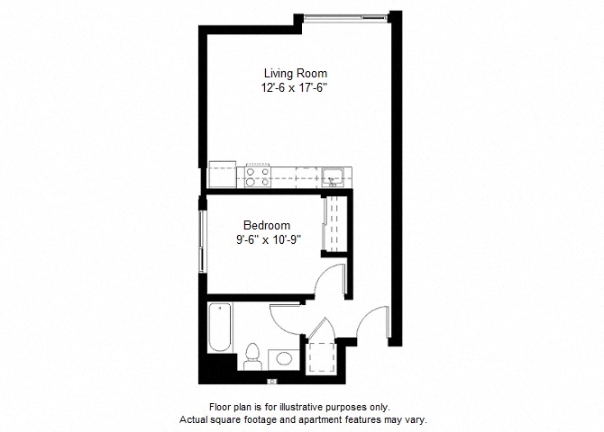 Floor plan for 1 bed, 1 bath, 629 sqft