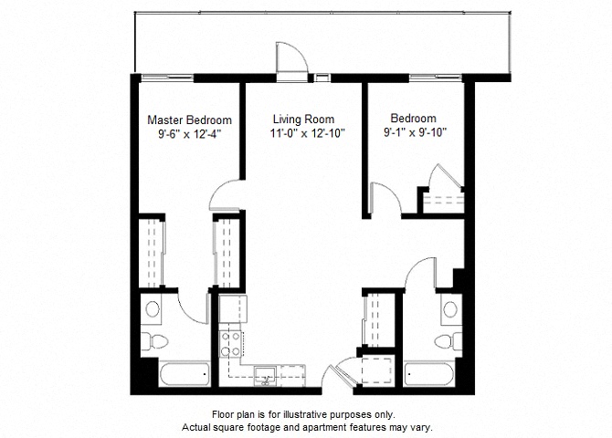 Floor plan for 2 beds, 2 baths, 947 sqft