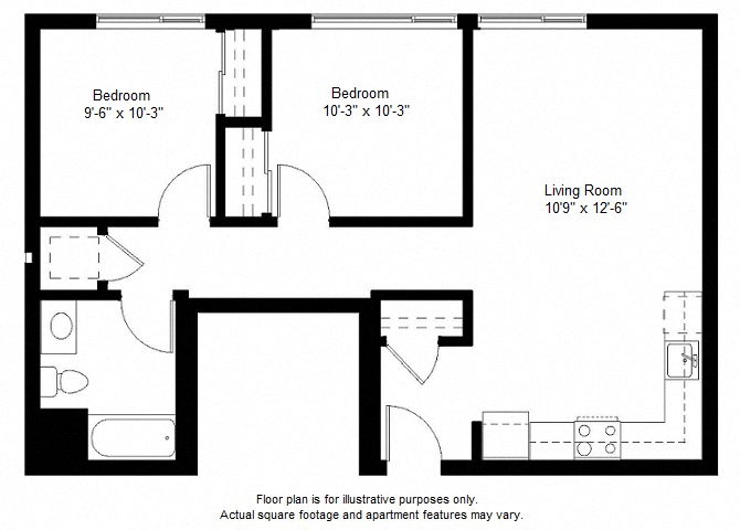 Floor plan for 2 beds, 1 bath, 853 sqft