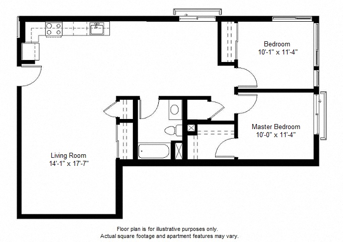 Floor plan for 2 beds, 1 bath, 1110 sqft