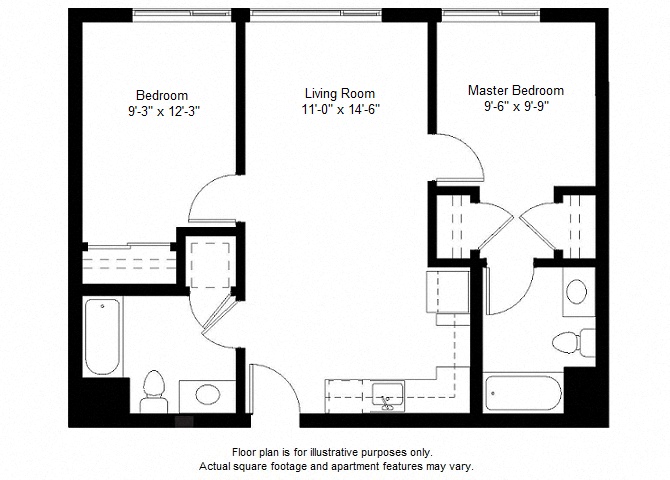 Floor plan for 2 beds, 2 baths, 811 sqft