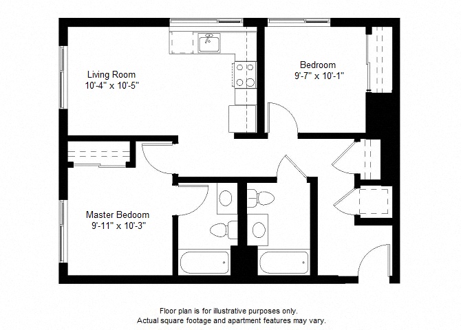 Floor plan for 2 beds, 2 baths, 946 sqft
