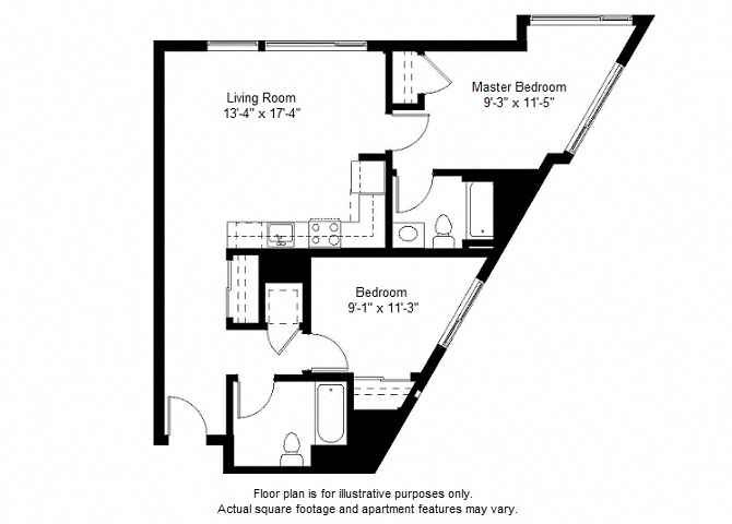 Floor plan for 2 beds, 2 baths, 925 sqft