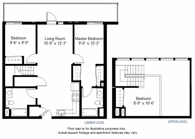 Floor plan for 3 beds, 2 baths, 1106 sqft