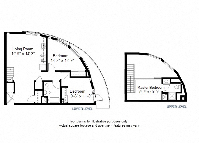 Floor plan for 3 beds, 2 baths, 1125 sqft