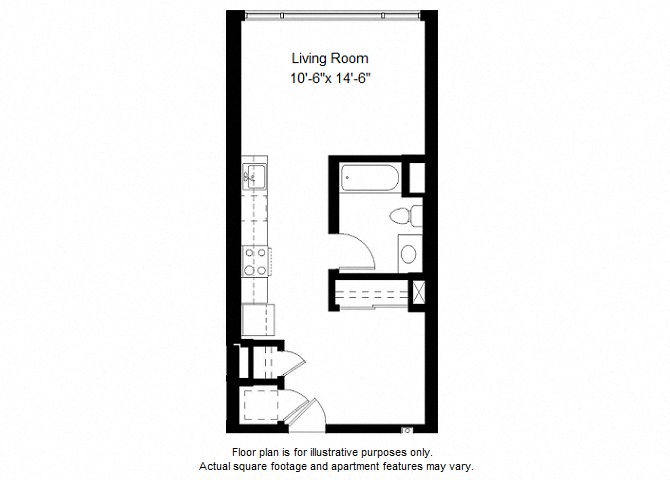 Floor plan for studio, 1 bath, 528 sqft