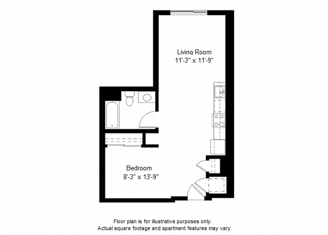 Floor plan for studio, 1 bath, 618 sqft