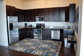 Philadelphia apartment for rent - a kitchen with stainless steel appliances and a rug on the floor