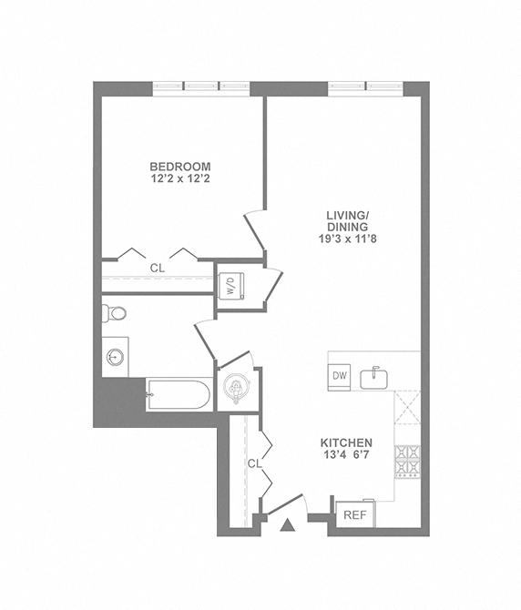 Floor plan for 1 bed, 1 bath, 765 sqft