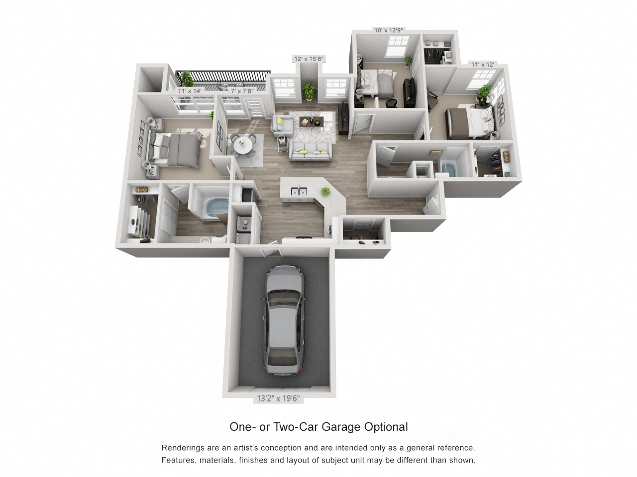 Floor plan for 3 beds, 2 baths, 1397 sqft