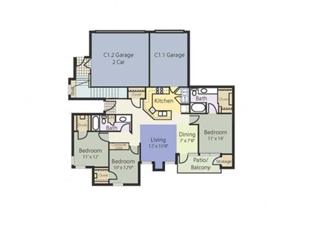 Floor plan for 3 beds, 2 baths, 1405 sqft