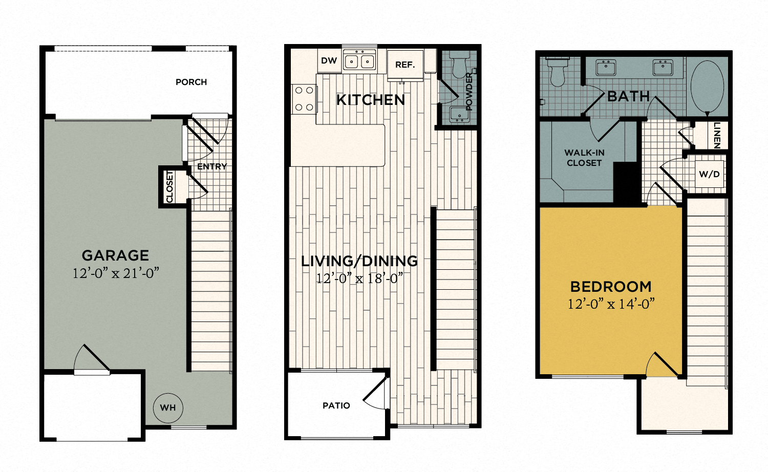 Floor plan for 1 bed, 1.5 baths, 993 sqft