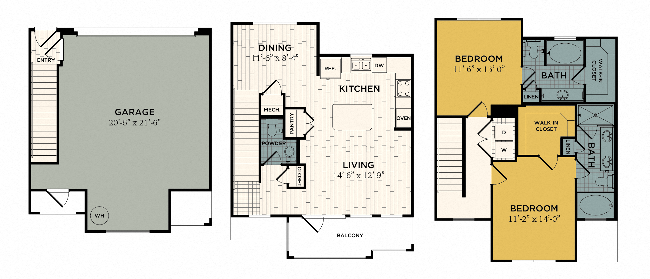 Floor plan for 2 beds, 2.5 baths, 1357 sqft