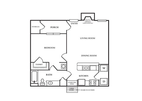 Floor plan for 1 bed, 1 bath, 677 sqft