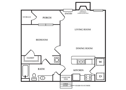 Floor plan for 1 bed, 1 bath, 788 sqft
