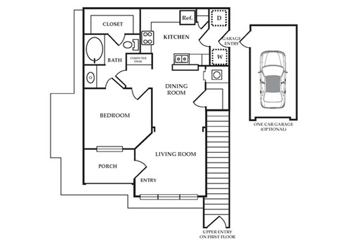 Floor plan for 1 bed, 1 bath, 735 sqft