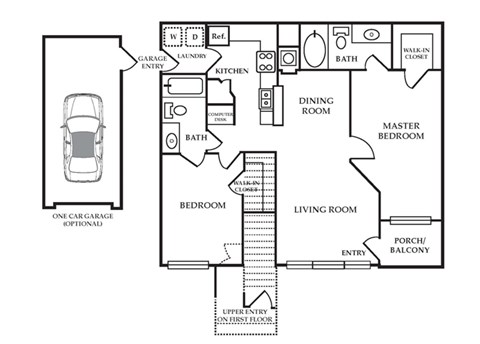 Floor plan for 2 beds, 2 baths, 1073 sqft