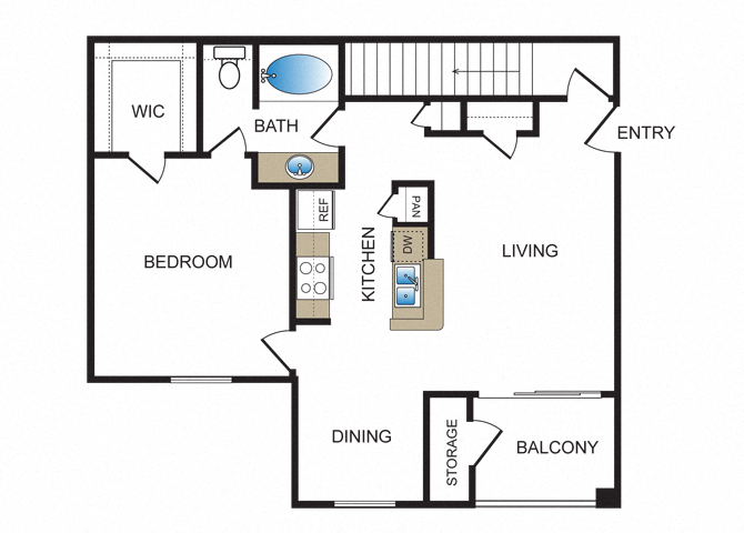 Floor plan for 1 bed, 1 bath, 838 sqft