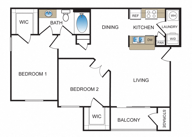 Floor plan for 2 beds, 1 bath, 925 sqft