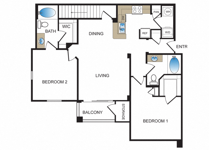 Floor plan for 2 beds, 2 baths, 1135 sqft