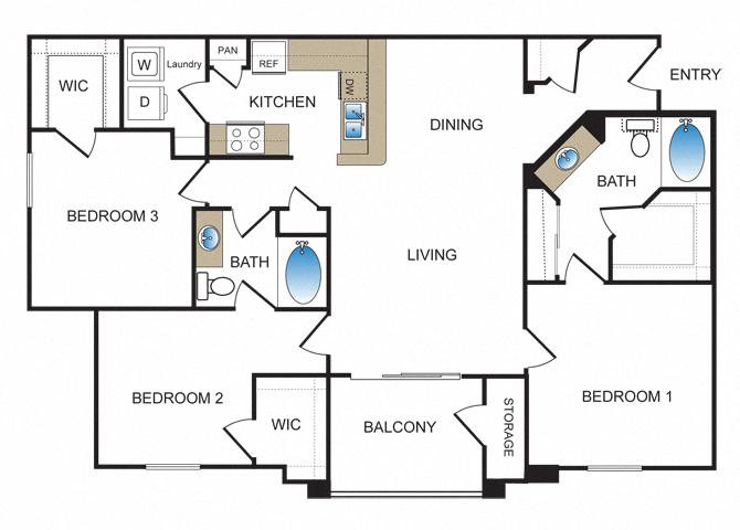 Floor plan for 3 beds, 2 baths, 1407 sqft