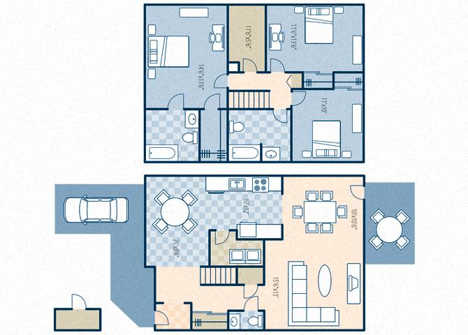 Floor plan for 3 beds, 2.5 baths, 1600 sqft