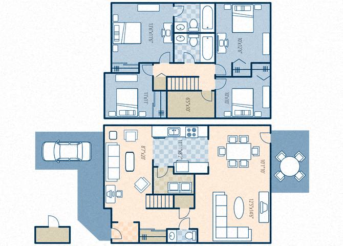 Floor plan for 4 beds, 2.5 baths, 1600 sqft