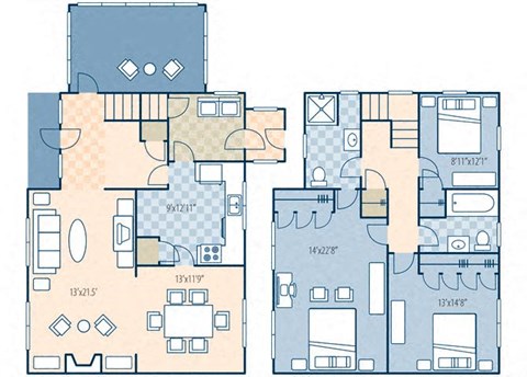 Floor plan for 3 beds, 2 baths, 1723 sqft