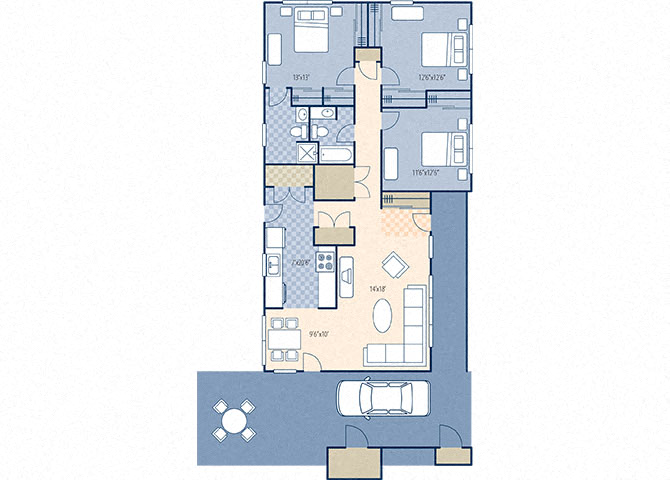 Floor plan for 3 beds, 2 baths, 1372 sqft