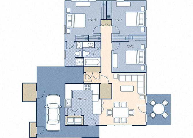 Floor plan for 3 beds, 2 baths, 1243 sqft