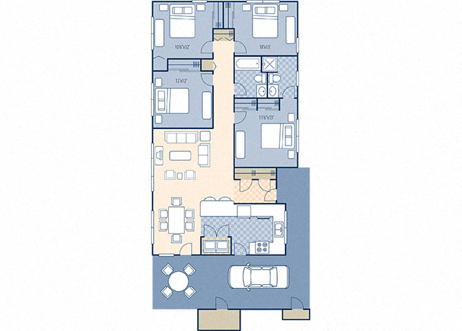 Floor plan for 4 beds, 2 baths, 1369 sqft