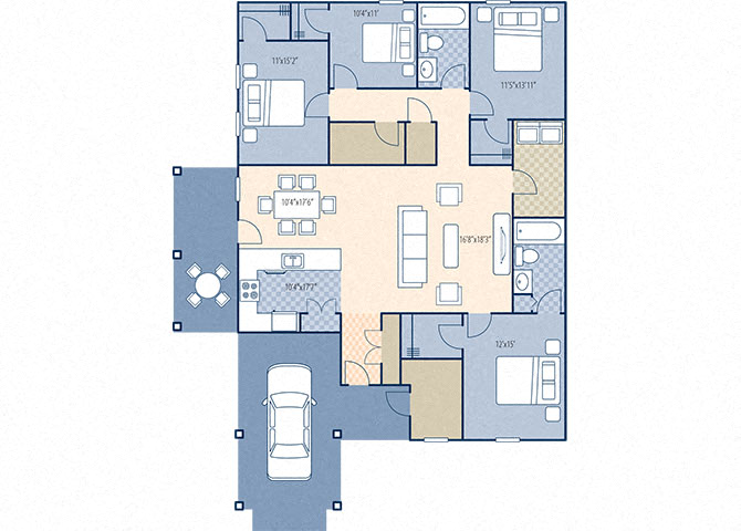 Floor plan for 4 beds, 2 baths, 1950 sqft