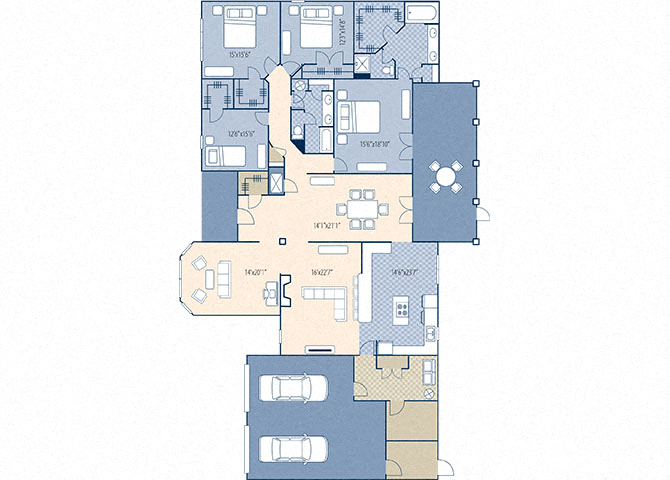 Floor plan for 4 beds, 2 baths, 3400 sqft