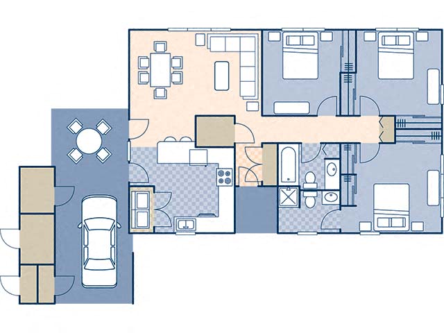 Floor plan for 3 beds, 2 baths, 1243 sqft