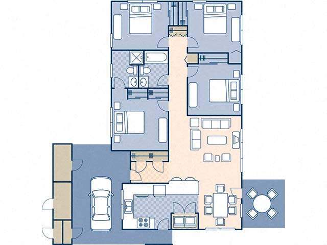Floor plan for 4 beds, 2 baths, 1396 sqft