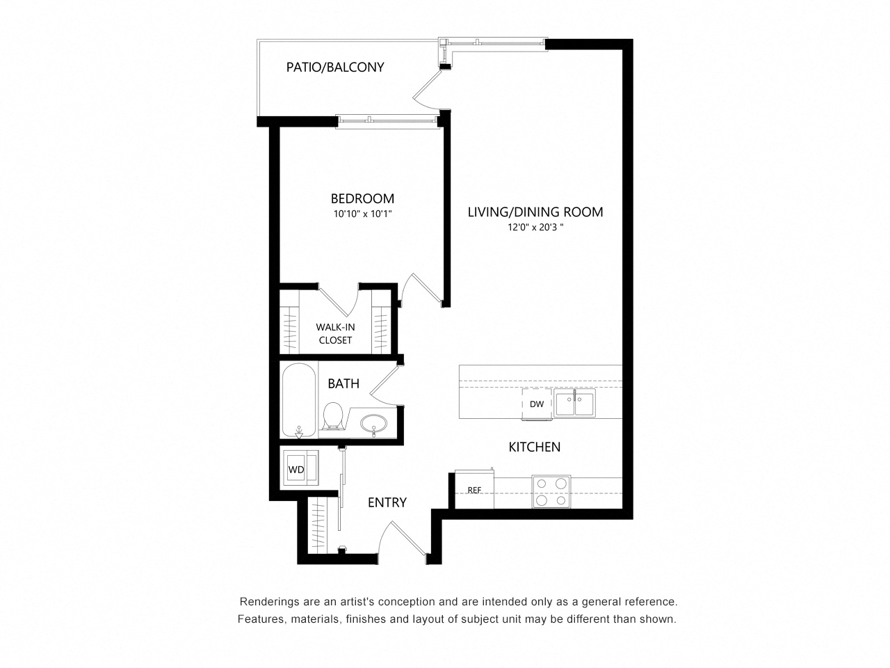 Floor plan for 1 bed, 1 bath, 673 sqft