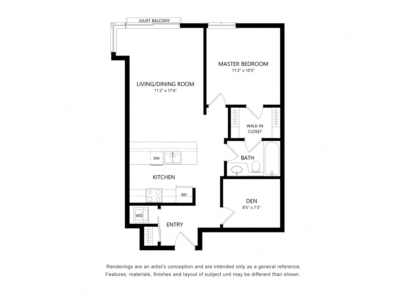 Floor plan for 1 bed, 1 bath, 754 sqft