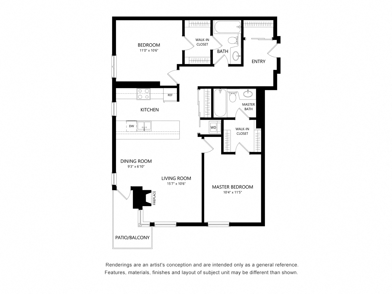 Floor plan for 2 beds, 2 baths, 1024 sqft