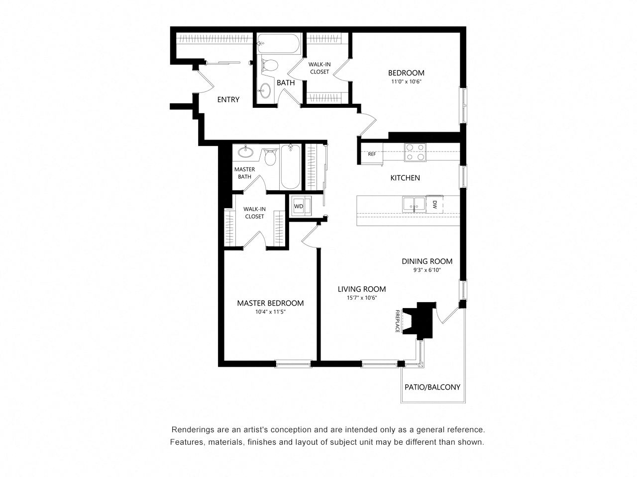 Floor plan for 2 beds, 2 baths, 1024 sqft