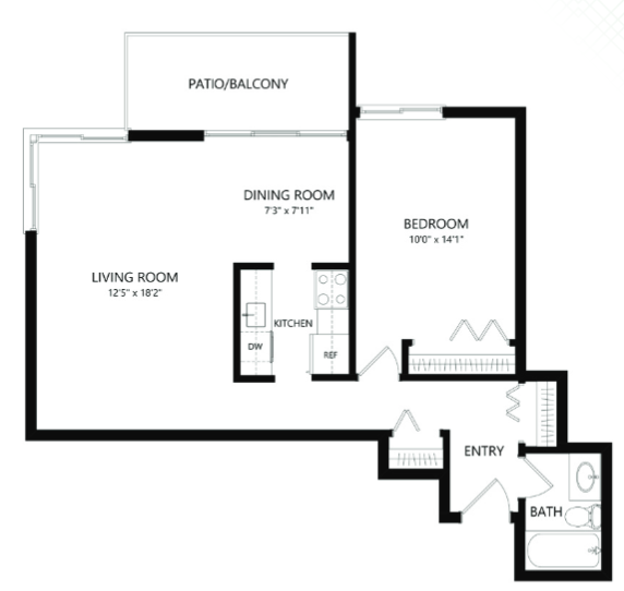 Floor plan for 1 bed, 1 bath, 677 sqft